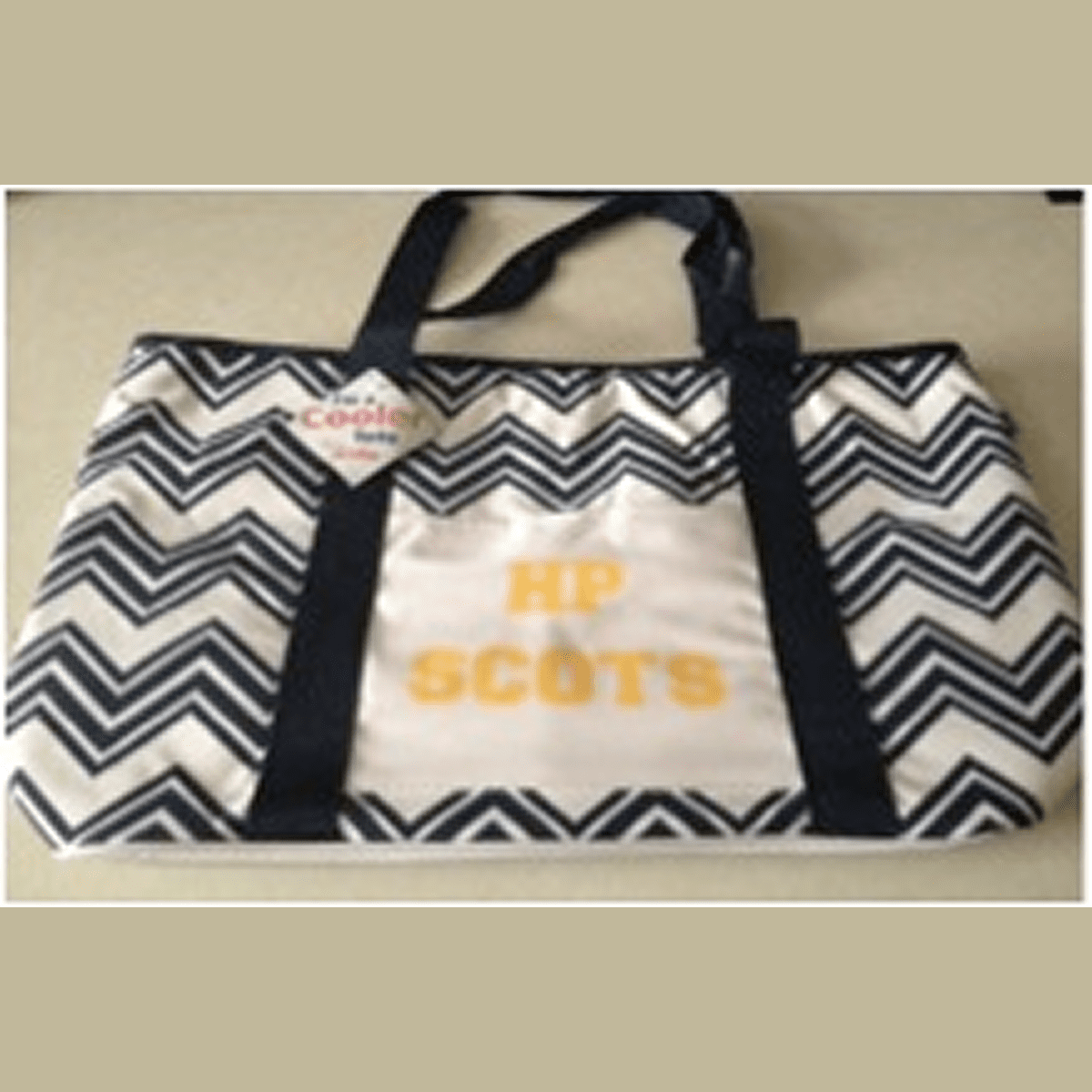 Chevron striped tote with "HP Scots" text.
