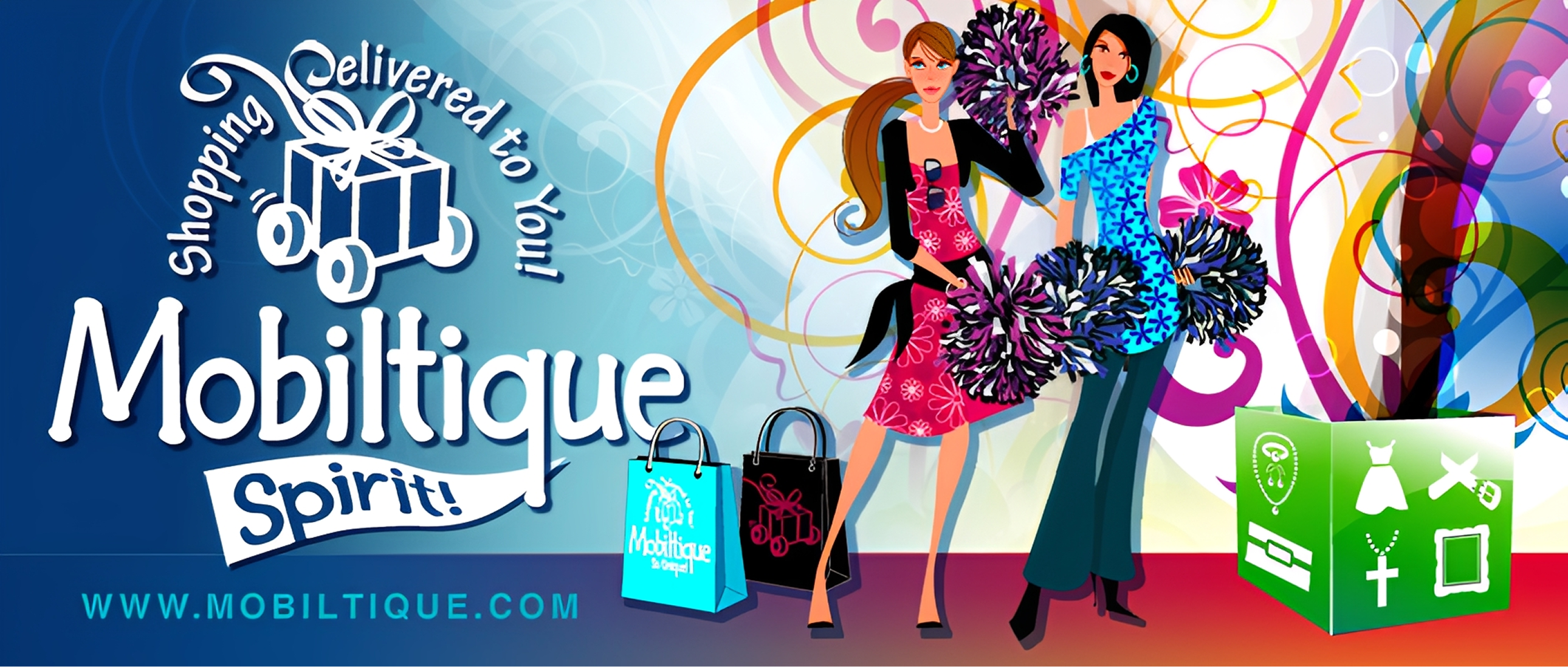 Colorful shopping advertisement with two models