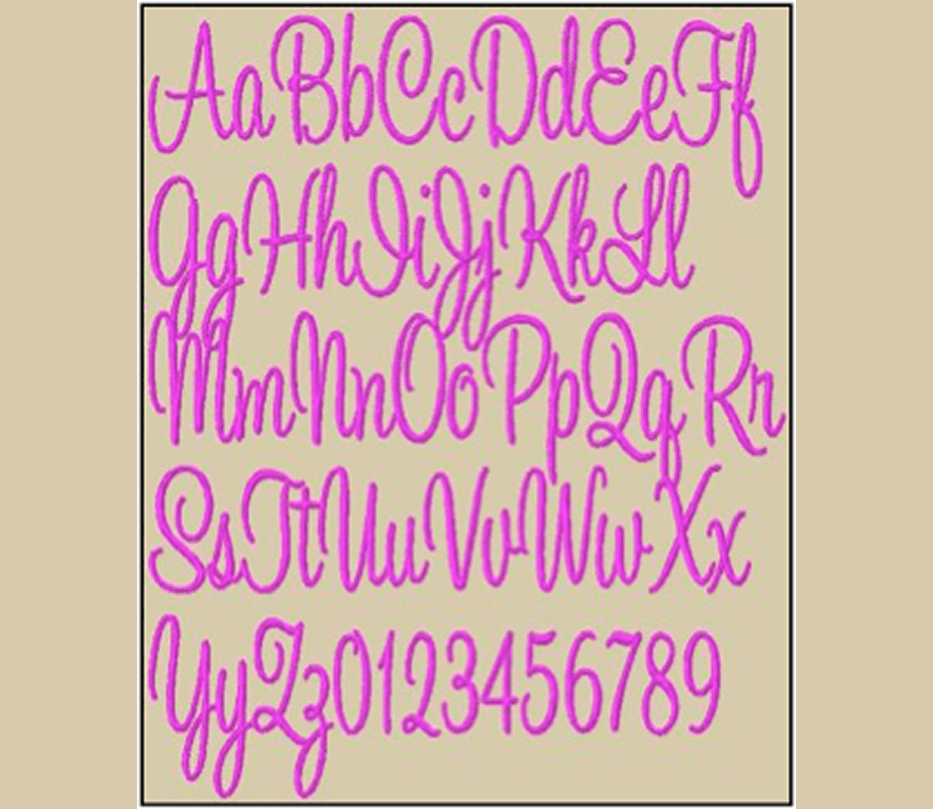 Pink cursive alphabet and numbers on beige