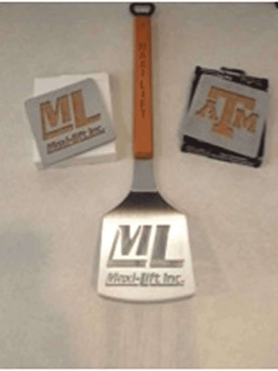 Spatula and coasters featuring logos